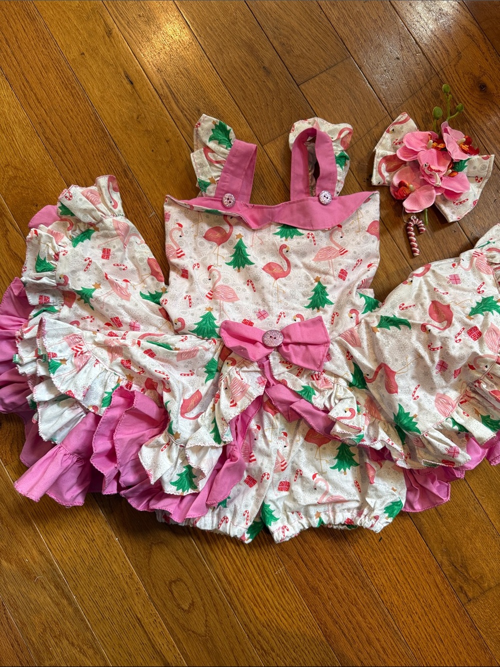 Girls Custom Tropical Christmas Pink Flamingo & Tree Ruffle Dress with Bow